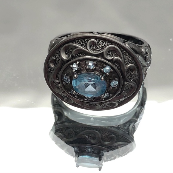 Blue Topaz Oxidized Sterling Silver Ornate Scroll Ring 10 - Picture 7 of 16